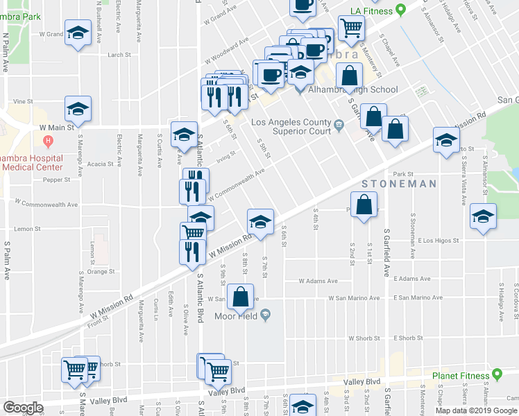 map of restaurants, bars, coffee shops, grocery stores, and more near 408 South 7th Street in Alhambra