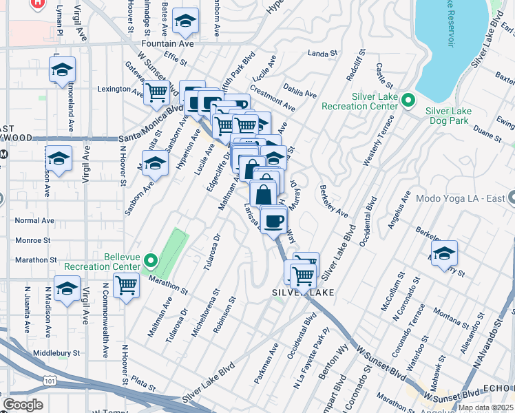 map of restaurants, bars, coffee shops, grocery stores, and more near 3400 Sunset Boulevard in Los Angeles