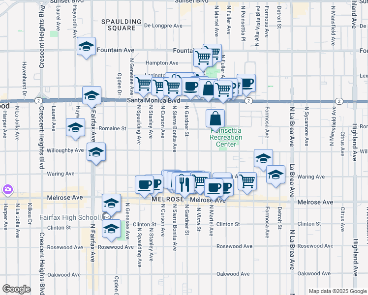 map of restaurants, bars, coffee shops, grocery stores, and more near 907 North Gardner Street in West Hollywood
