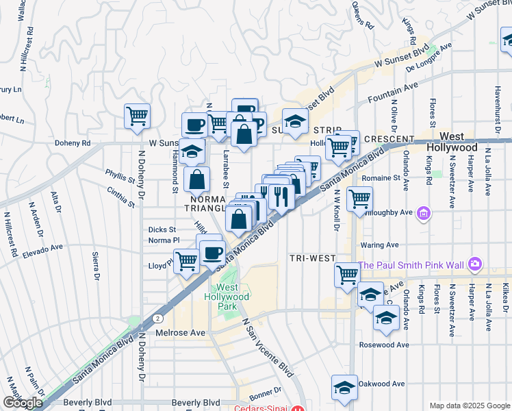 map of restaurants, bars, coffee shops, grocery stores, and more near 909 Palm Avenue in West Hollywood