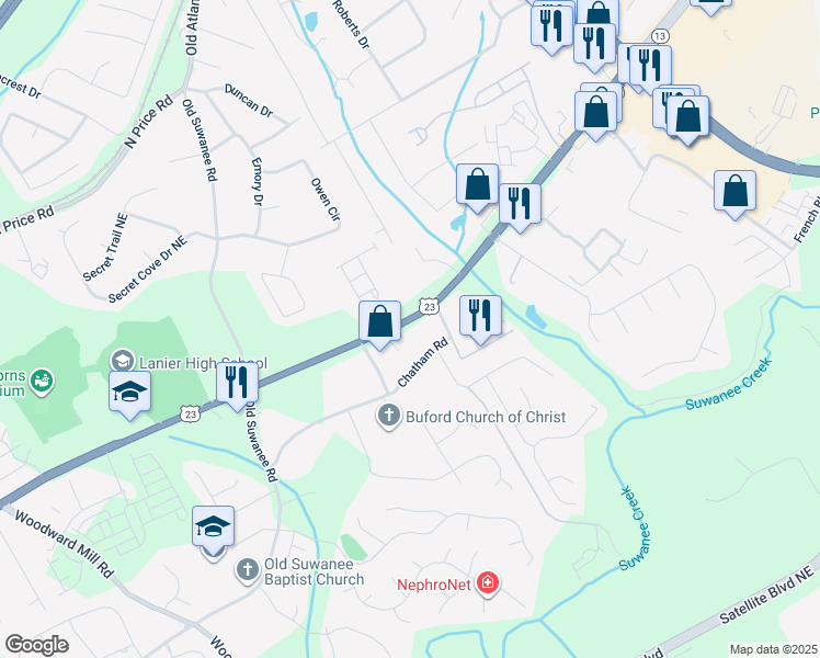 map of restaurants, bars, coffee shops, grocery stores, and more near 1193 Buford Highway Northeast in Sugar Hill