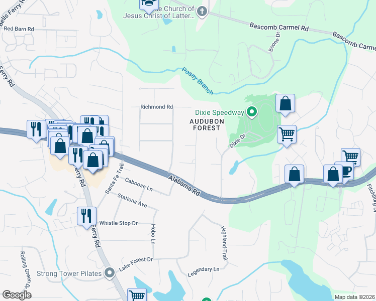 map of restaurants, bars, coffee shops, grocery stores, and more near 303 Red Bird Way in Woodstock