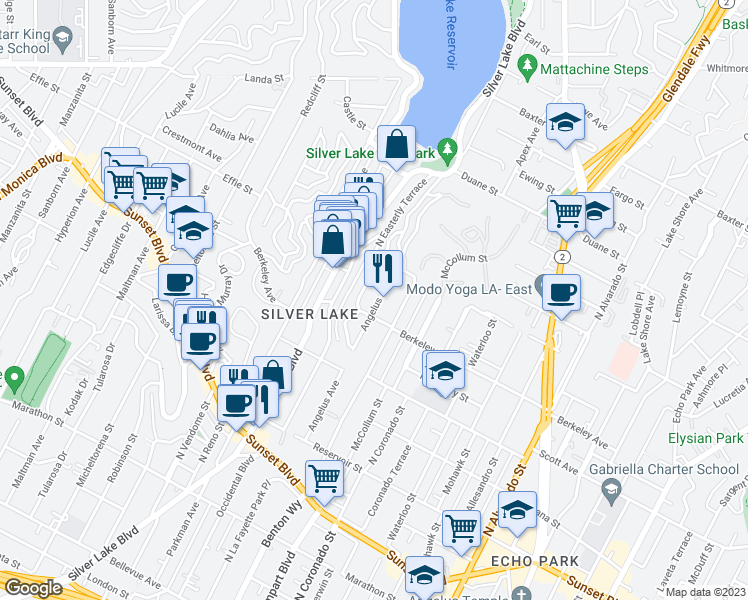 map of restaurants, bars, coffee shops, grocery stores, and more near 1617 Angelus Avenue in Los Angeles
