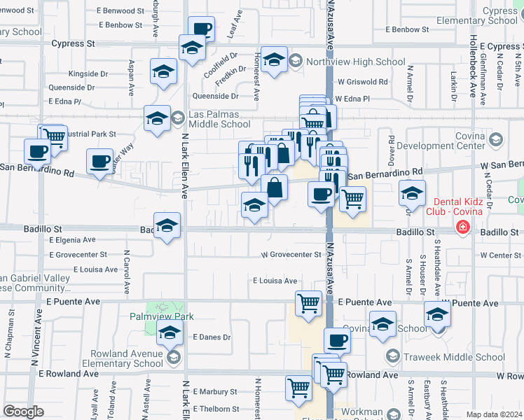 map of restaurants, bars, coffee shops, grocery stores, and more near 1123 Spare Road in Covina