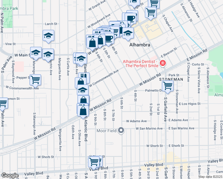 map of restaurants, bars, coffee shops, grocery stores, and more near 408 South 7th Street in Alhambra