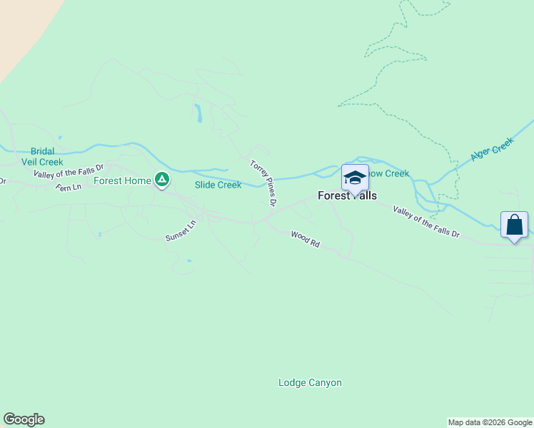 map of restaurants, bars, coffee shops, grocery stores, and more near 40300 Valley of the Falls Drive in Forest Falls