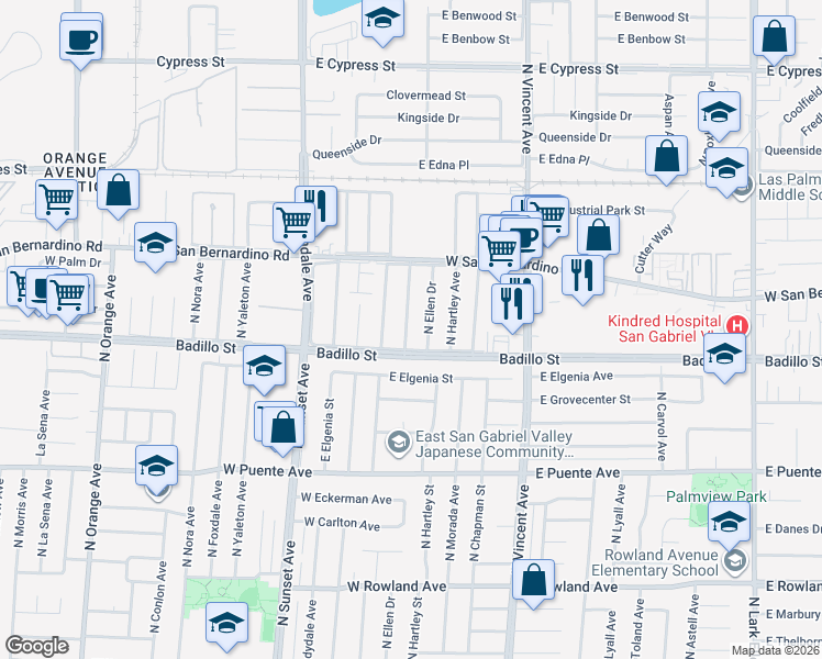 map of restaurants, bars, coffee shops, grocery stores, and more near 4020 North Woodgrove Avenue in Covina