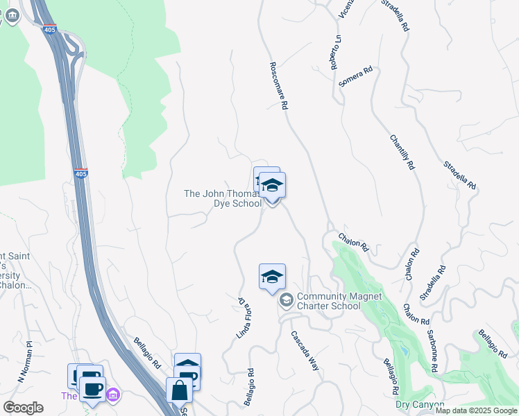 map of restaurants, bars, coffee shops, grocery stores, and more near 991 Linda Flora Drive in Los Angeles
