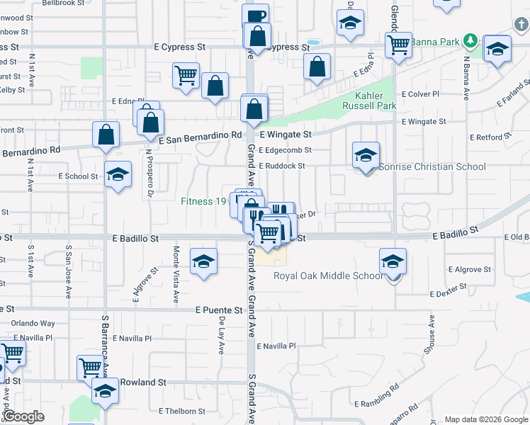 map of restaurants, bars, coffee shops, grocery stores, and more near 207 Shadyglen Drive in Covina