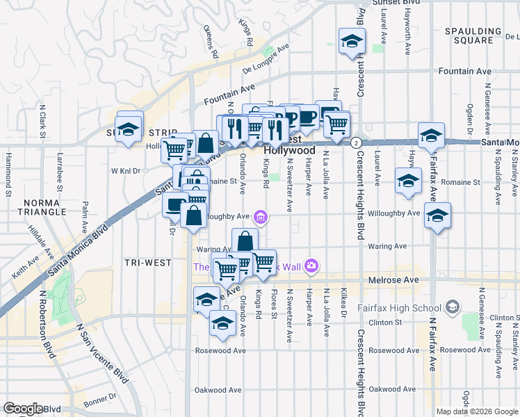 map of restaurants, bars, coffee shops, grocery stores, and more near 911 Kings Road in West Hollywood