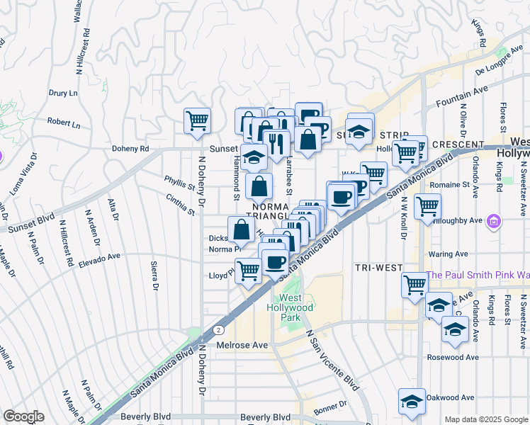 map of restaurants, bars, coffee shops, grocery stores, and more near 8911 Cynthia Street in West Hollywood