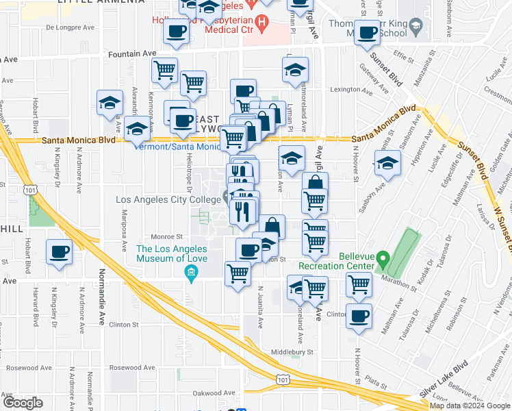 map of restaurants, bars, coffee shops, grocery stores, and more near 4442 Burns Avenue in Los Angeles
