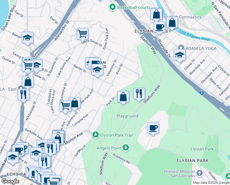 map of restaurants, bars, coffee shops, grocery stores, and more near 2035 Park Drive in Los Angeles