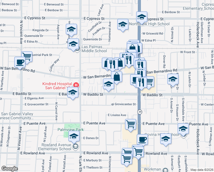 map of restaurants, bars, coffee shops, grocery stores, and more near 1060 West San Bernardino Road in Covina