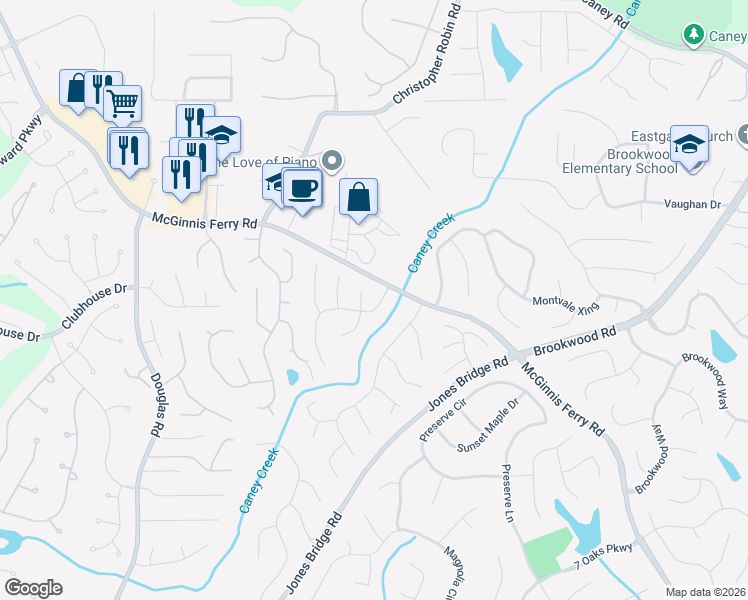 map of restaurants, bars, coffee shops, grocery stores, and more near 5630 Vicarage Walk in Alpharetta