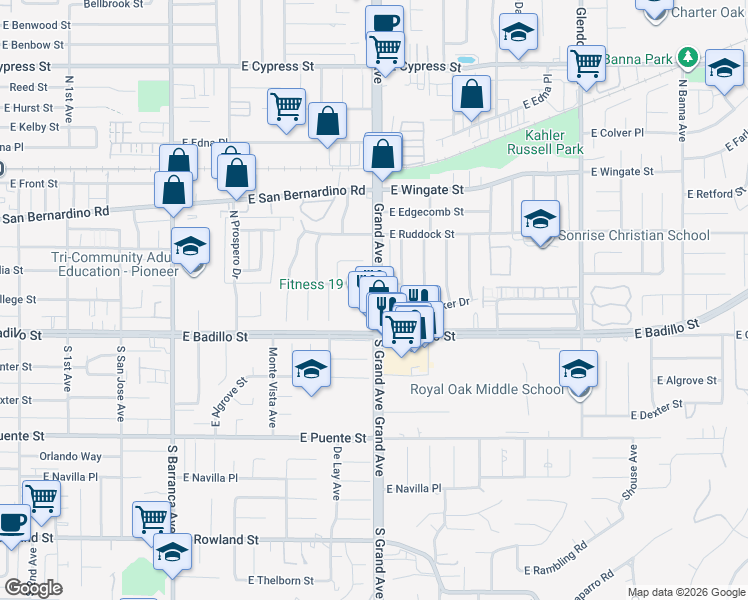 map of restaurants, bars, coffee shops, grocery stores, and more near 197 North Grand Avenue in Covina