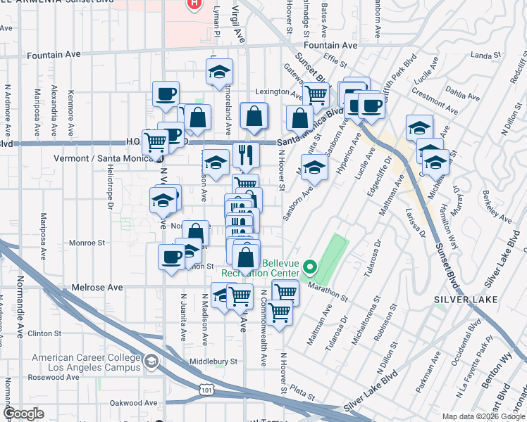 map of restaurants, bars, coffee shops, grocery stores, and more near 4230 Burns Avenue in Los Angeles