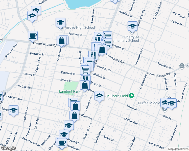 map of restaurants, bars, coffee shops, grocery stores, and more near 11616 Mulhall Street in El Monte