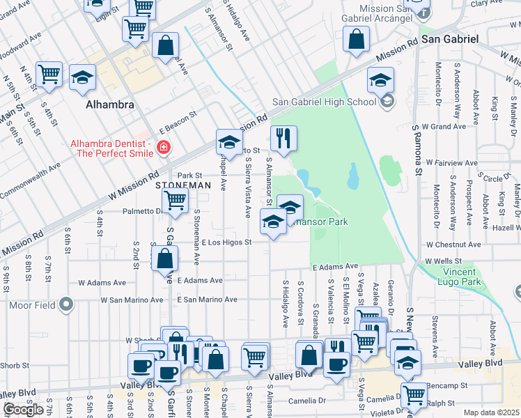 map of restaurants, bars, coffee shops, grocery stores, and more near 751 South Almansor Street in Alhambra