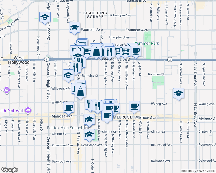 map of restaurants, bars, coffee shops, grocery stores, and more near 907 North Spaulding Avenue in West Hollywood
