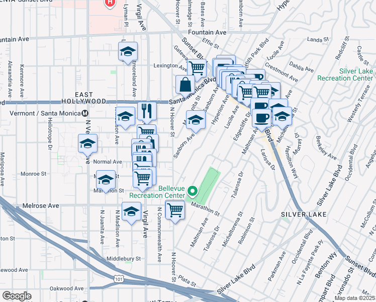 map of restaurants, bars, coffee shops, grocery stores, and more near 866 Hyperion Avenue in Los Angeles