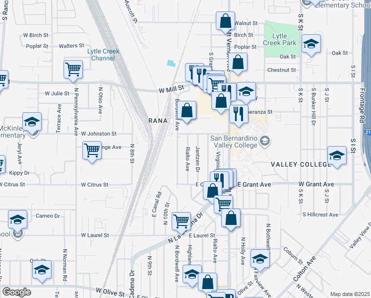 map of restaurants, bars, coffee shops, grocery stores, and more near 1709 Rialto Avenue in Colton