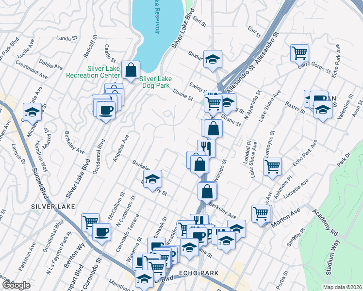 map of restaurants, bars, coffee shops, grocery stores, and more near 2401 Effie Street in Los Angeles