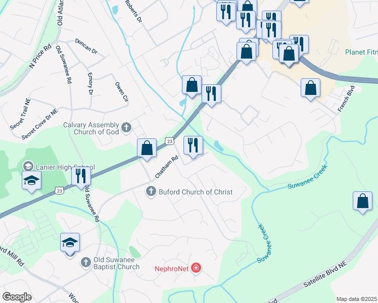 map of restaurants, bars, coffee shops, grocery stores, and more near 4255 Buford Valley Way in Buford