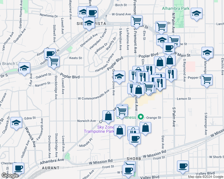 map of restaurants, bars, coffee shops, grocery stores, and more near 601 Orange Grove Avenue in Alhambra