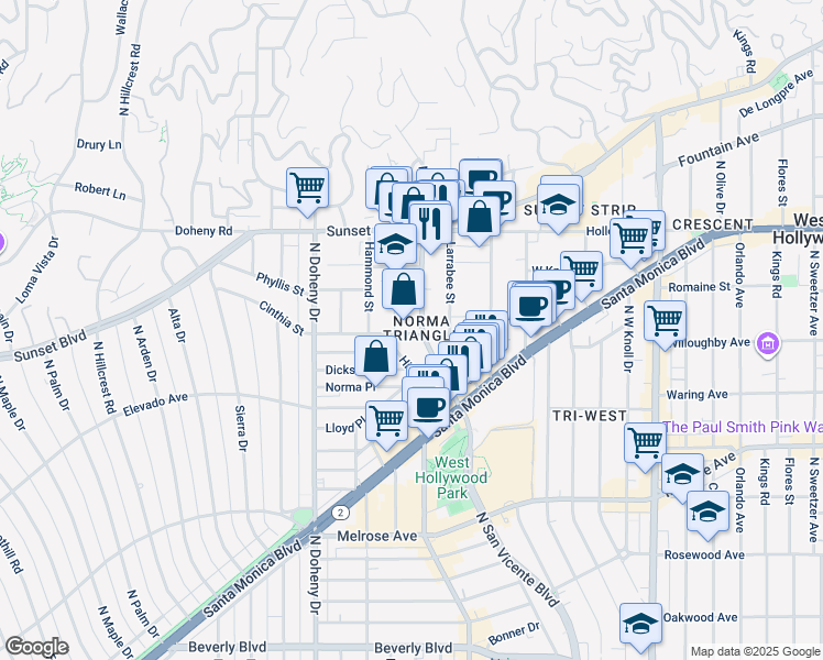 map of restaurants, bars, coffee shops, grocery stores, and more near 8911 Cynthia Street in West Hollywood