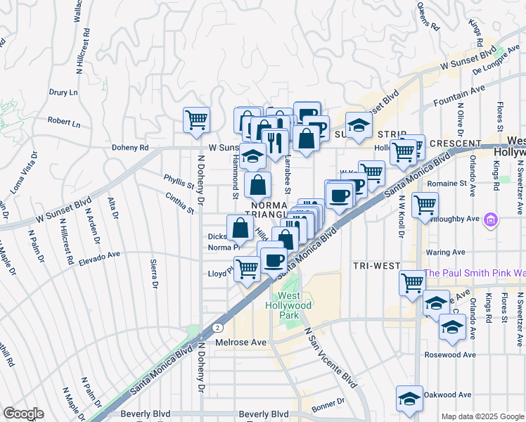 map of restaurants, bars, coffee shops, grocery stores, and more near 8911 Cynthia Street in West Hollywood