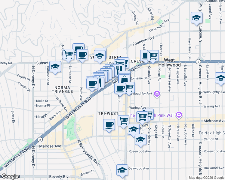 map of restaurants, bars, coffee shops, grocery stores, and more near 8577 Rugby Drive in West Hollywood