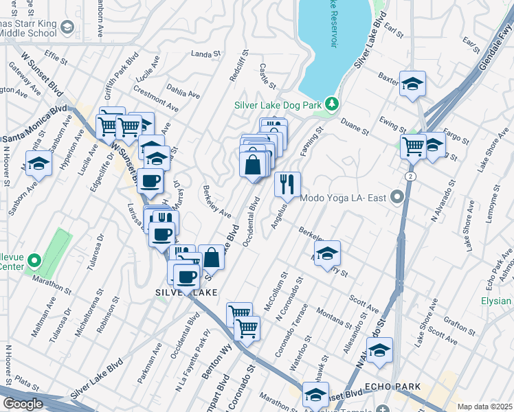 map of restaurants, bars, coffee shops, grocery stores, and more near 1536 North Occidental Boulevard in Los Angeles