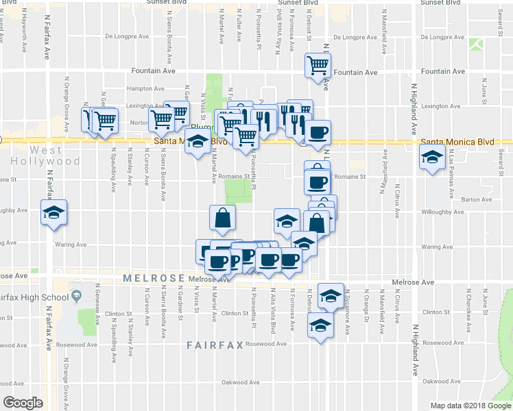 map of restaurants, bars, coffee shops, grocery stores, and more near 906 North Poinsettia Place in Los Angeles