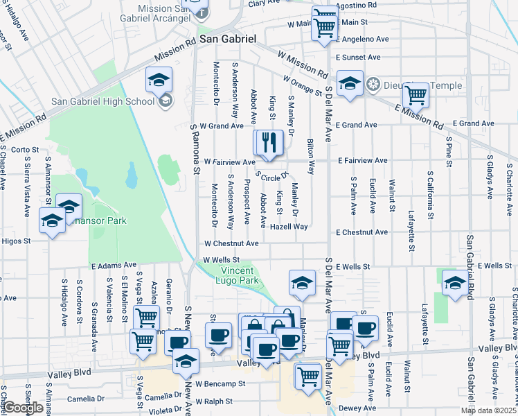 map of restaurants, bars, coffee shops, grocery stores, and more near 1113 Abbot Ave in San Gabriel