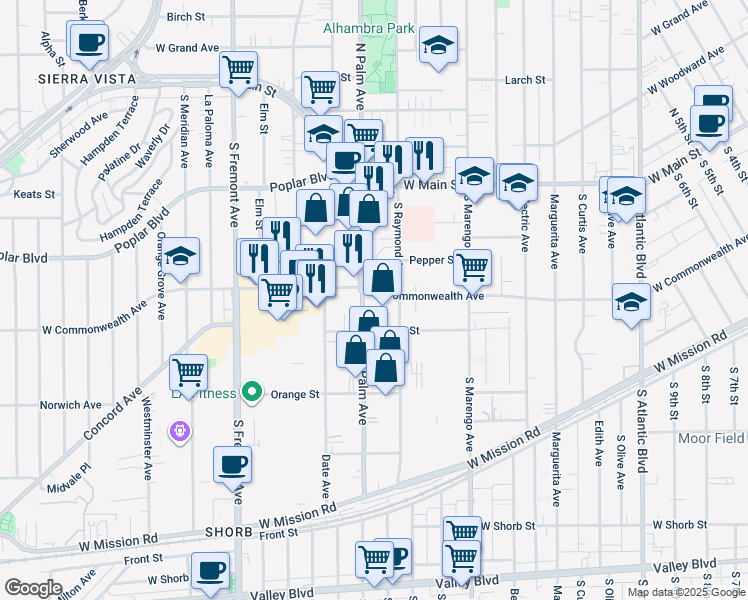 map of restaurants, bars, coffee shops, grocery stores, and more near 312 South Palm Avenue in Alhambra