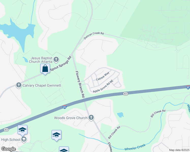map of restaurants, bars, coffee shops, grocery stores, and more near 5131 Apple Grove Road Northeast in Buford