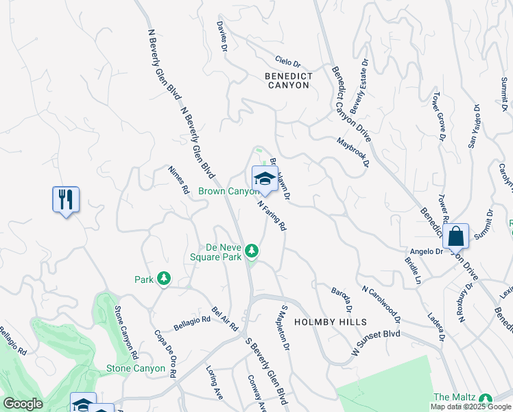 map of restaurants, bars, coffee shops, grocery stores, and more near 615 North Faring Road in Los Angeles