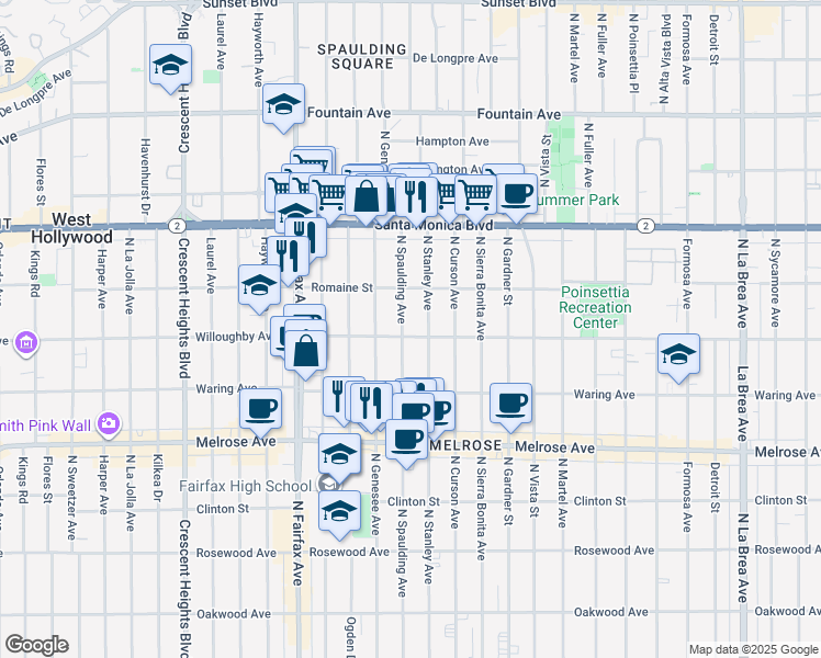 map of restaurants, bars, coffee shops, grocery stores, and more near 907 North Spaulding Avenue in West Hollywood