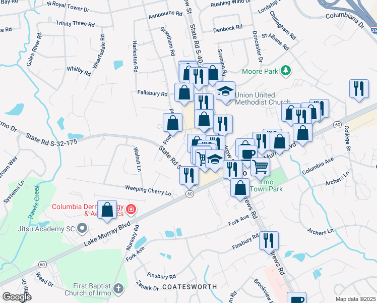 map of restaurants, bars, coffee shops, grocery stores, and more near 1103 Chipwood Court in Irmo