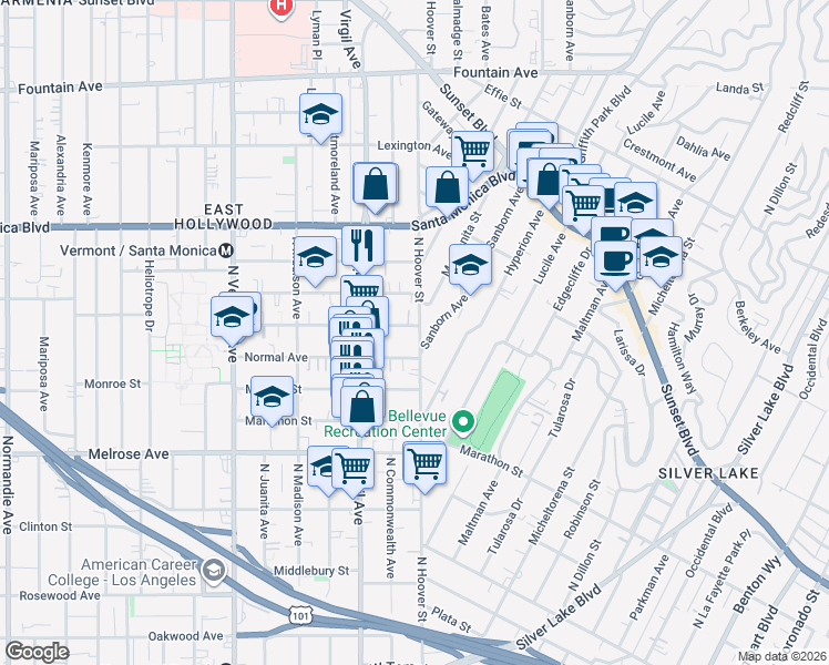 map of restaurants, bars, coffee shops, grocery stores, and more near 853 Sanborn Avenue in Los Angeles
