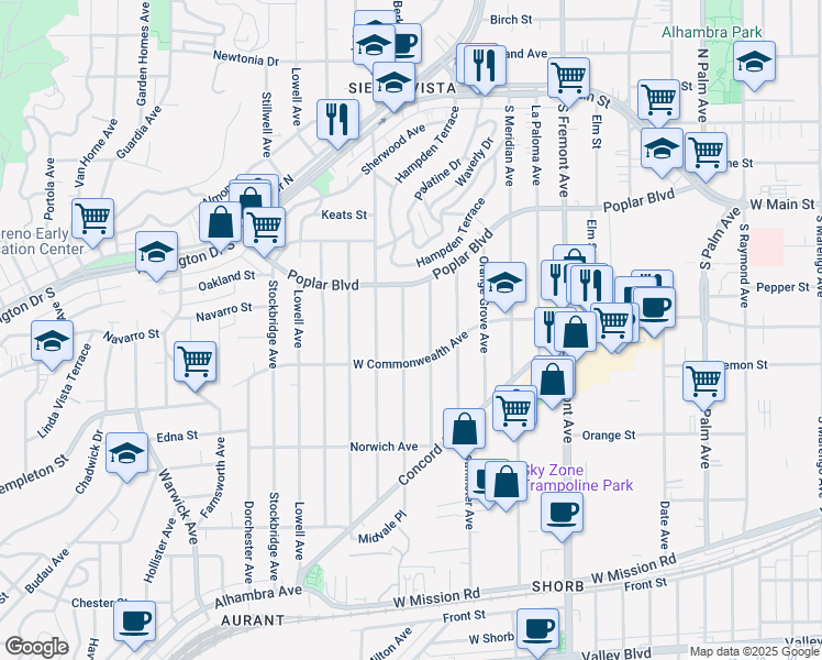 map of restaurants, bars, coffee shops, grocery stores, and more near 418 Winthrop Drive in Alhambra