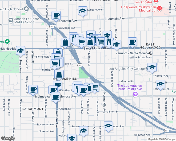 map of restaurants, bars, coffee shops, grocery stores, and more near 941 North Kingsley Drive in Los Angeles