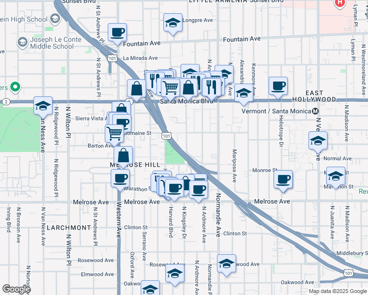 map of restaurants, bars, coffee shops, grocery stores, and more near 941 North Kingsley Drive in Los Angeles