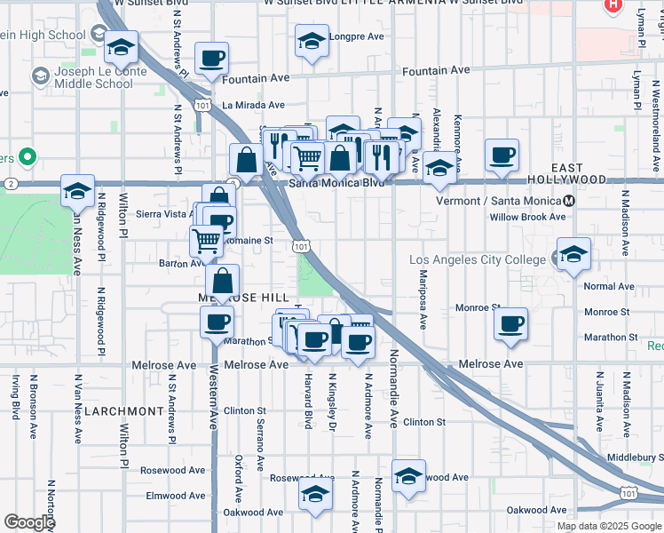 map of restaurants, bars, coffee shops, grocery stores, and more near 941 North Kingsley Drive in Los Angeles