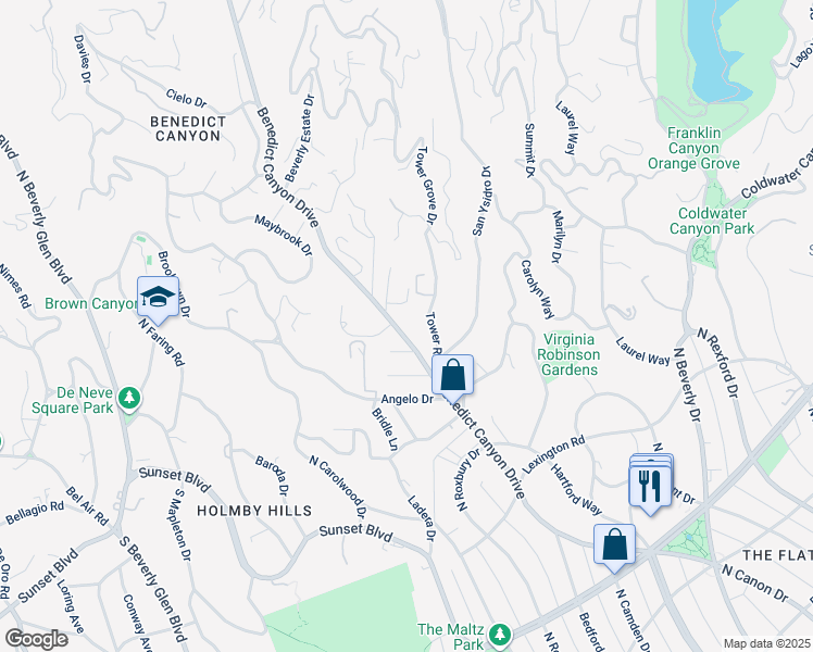 map of restaurants, bars, coffee shops, grocery stores, and more near 1140 Benedict Canyon Drive in Beverly Hills