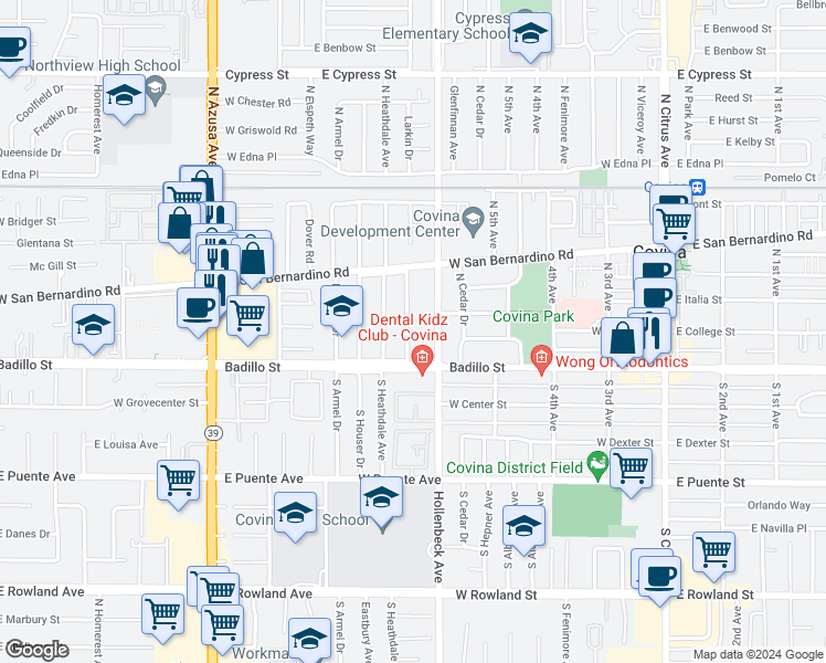 map of restaurants, bars, coffee shops, grocery stores, and more near 214 North Larkin Drive in Covina