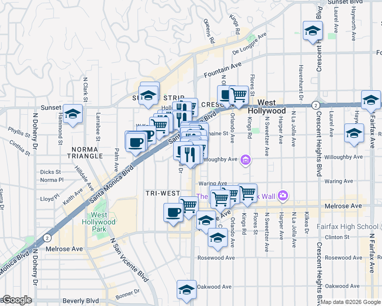 map of restaurants, bars, coffee shops, grocery stores, and more near 894 North West Knoll Drive in West Hollywood