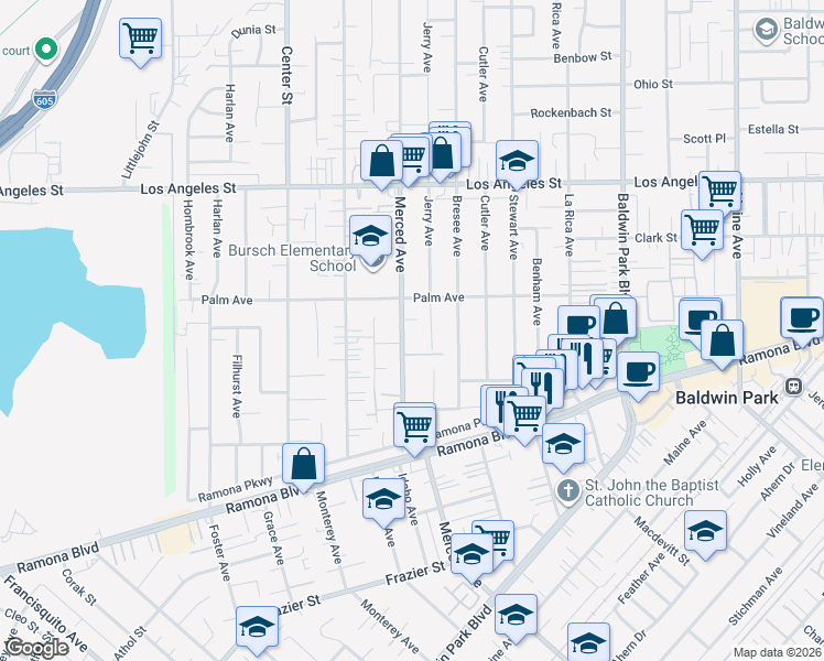 map of restaurants, bars, coffee shops, grocery stores, and more near 4124 Merced Ave in Baldwin Park