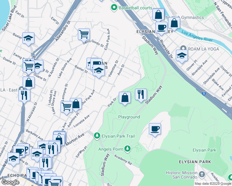 map of restaurants, bars, coffee shops, grocery stores, and more near 2035 Park Drive in Los Angeles